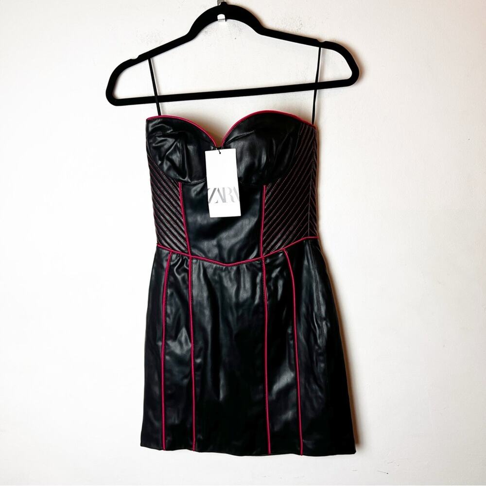 NWT SZ S Zara Black Strapless Dress w/ Hot Pink Trim